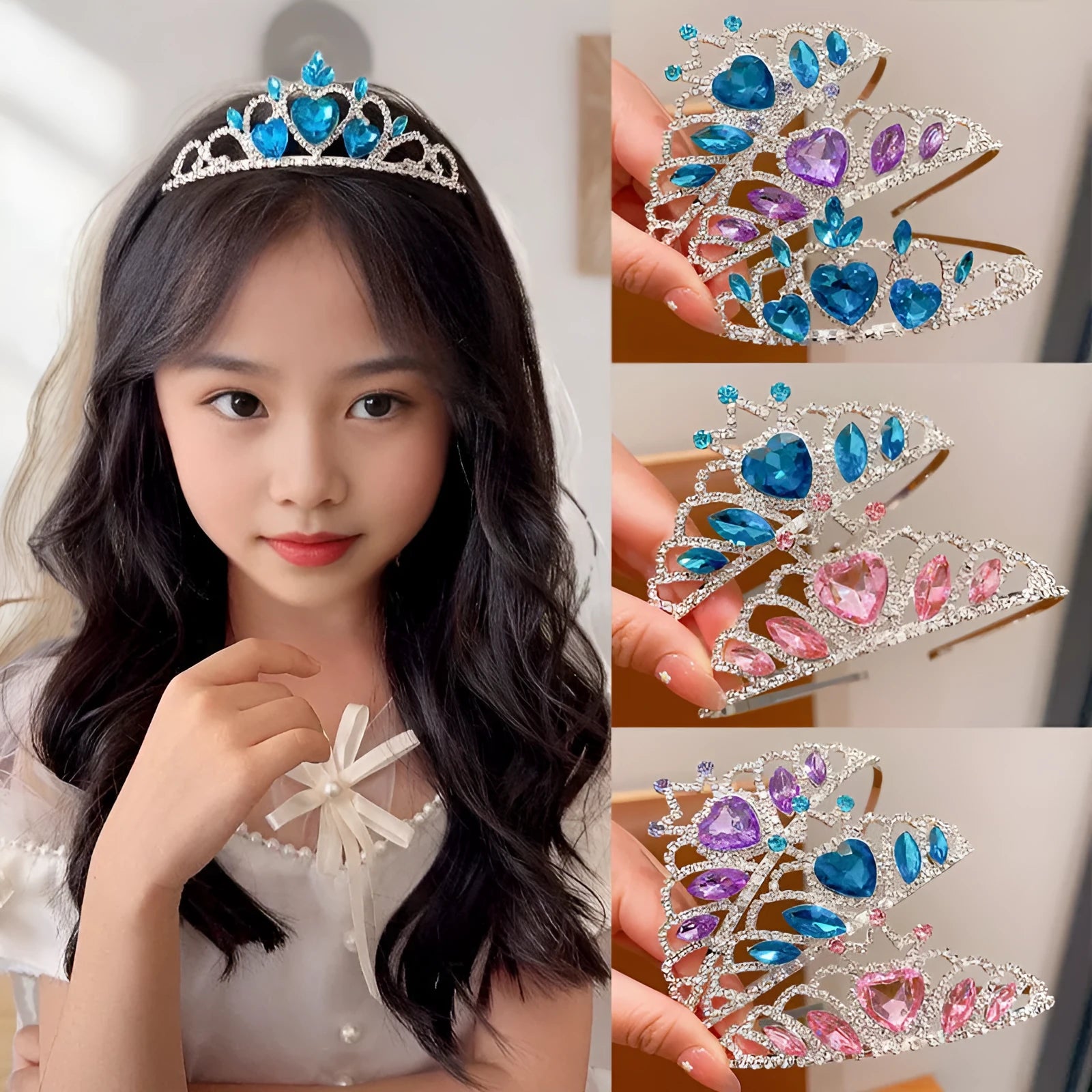 Close-up of a children's metal hairband headdress with a crown pattern in a light purple crystal colour.
