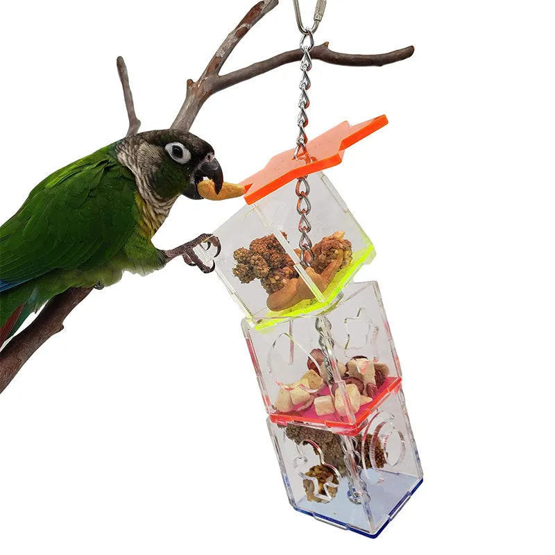 Clear acrylic parrot foraging toy measuring 32cm long with square cross-section