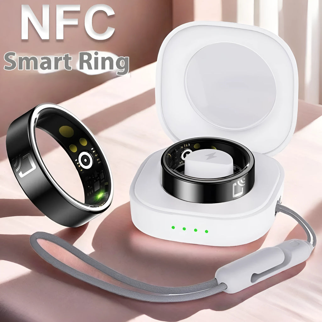 Black ceramic smart ring for health monitoring on a finger, showing charging case and line charger options.