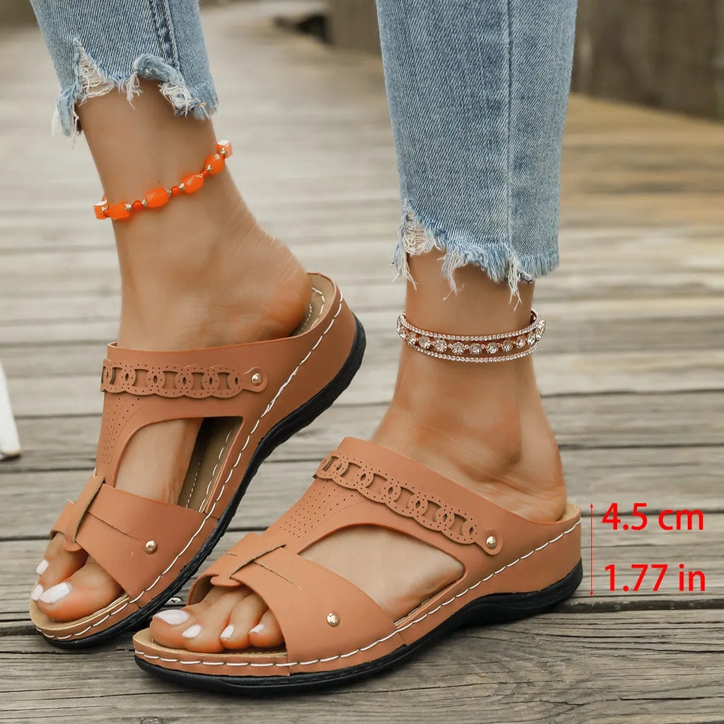 Roman style slippers with slope heel and fish mouth toe in blue, black, white, beige, red, or brown colours