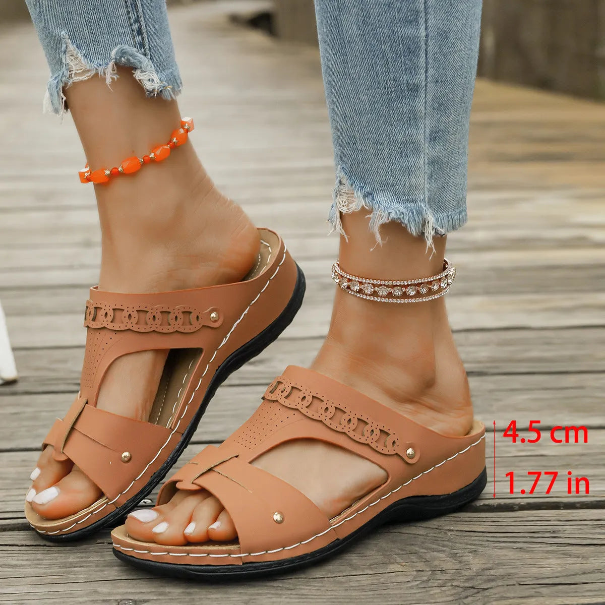 Roman style slippers with slope heel and fish mouth toe in blue, black, white, beige, red, or brown colours