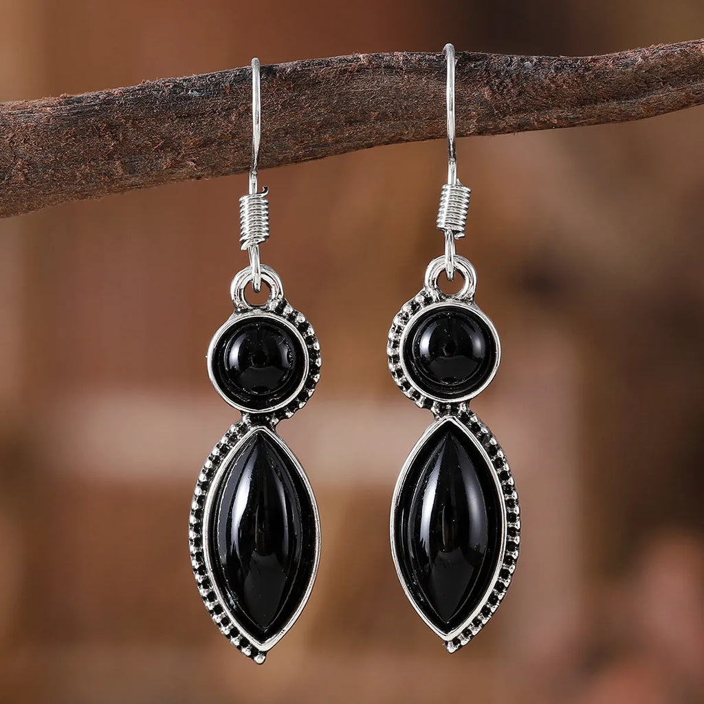 Vintage geometric zinc alloy pendant earrings with black and purple electroplated finish and round elements