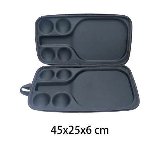 Black EVA pickleball racket storage box with double shoulder straps, shown holding a paddle and balls.