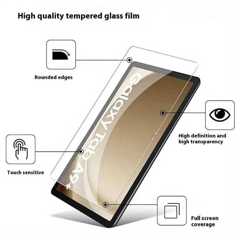 Two tempered glass screen protectors for Samsung Galaxy tablets in a leather bag.