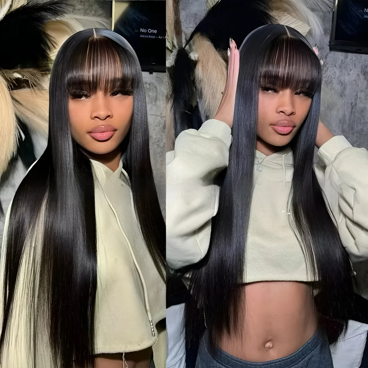 Natural colour human hair straight fringe wig with full-mechanism construction shown at medium length