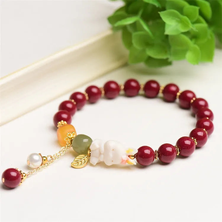 Women's natural beeswax and purple gold sand bracelet with cinnabar rabbit charm