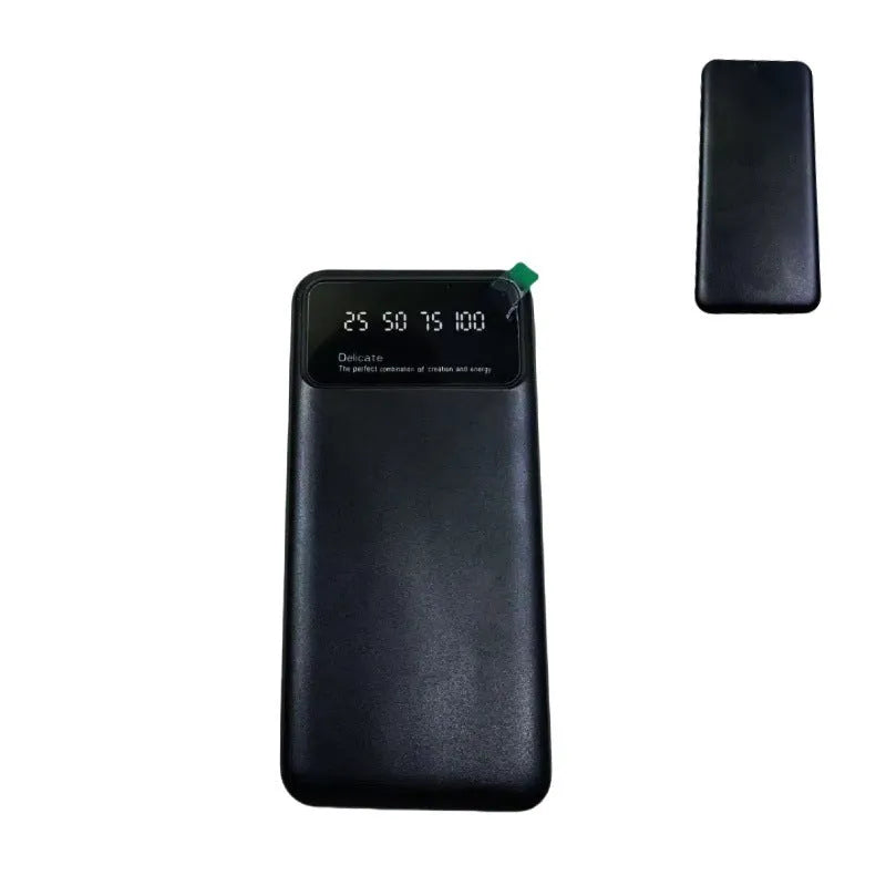 Black ultra-thin 10000mAh power bank with fast charging, showing compact 67x14x140mm dimensions