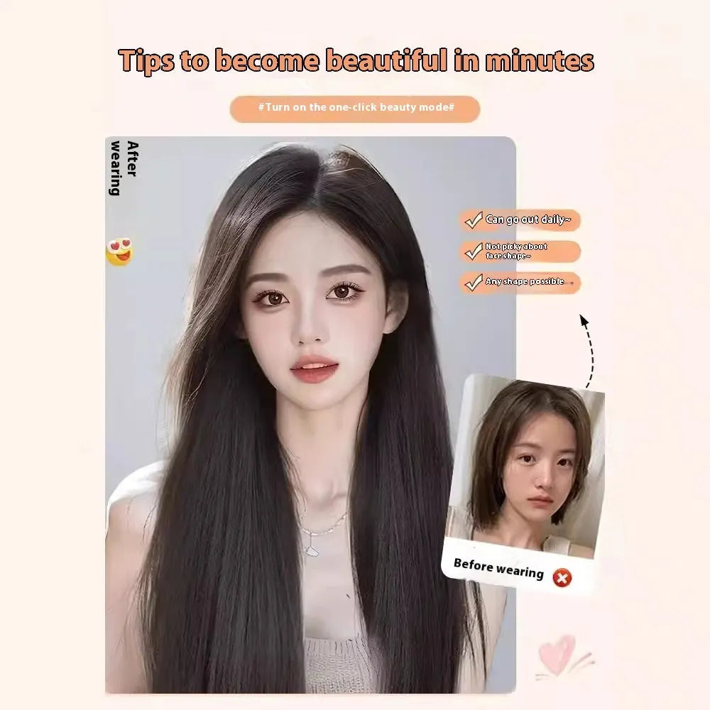 Forehead lace long straight full-head wig with side bangs in high temperature fibre material