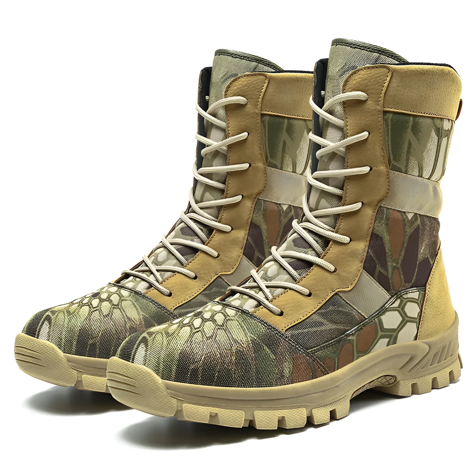 Men's black and camouflage high-top Martin boots with mesh upper and totem design in sizes 39-46