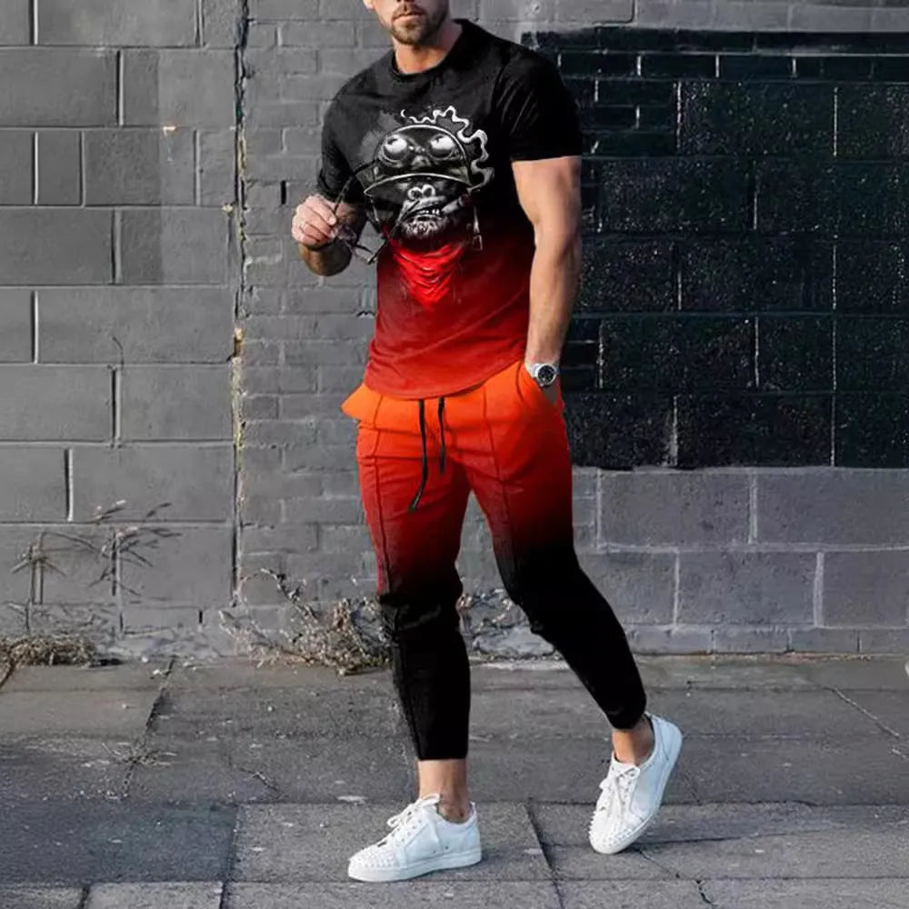 Men's short-sleeved sports top and trousers set with printed design in chemical fibre blend fabric