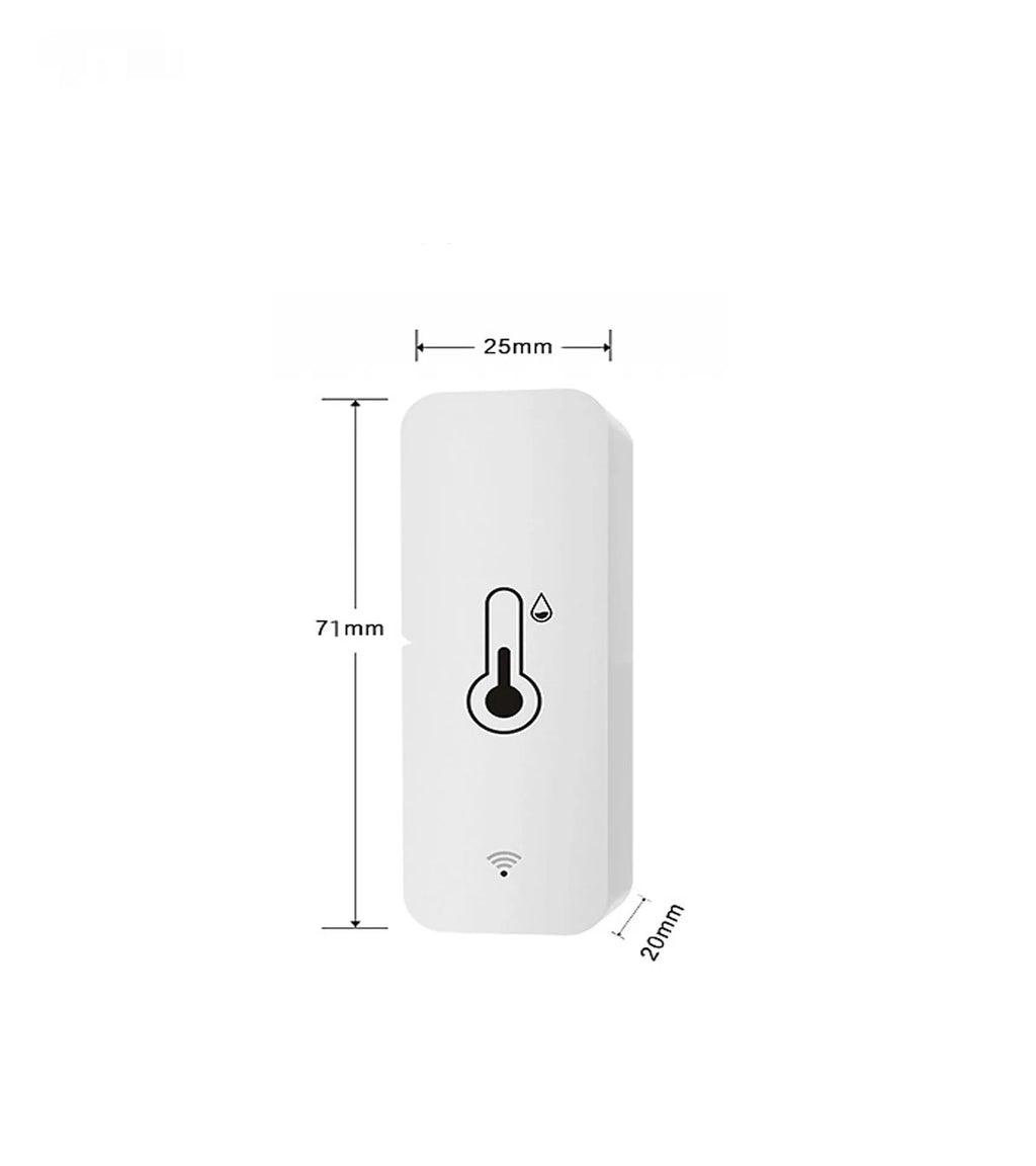 White WiFi temperature humidity sensor with compact rectangular design showing digital display