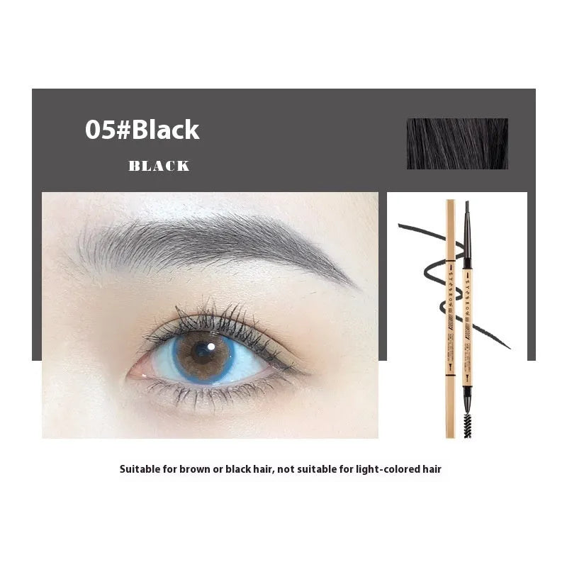 Gold ultra-fine eyebrow pencil showing five colour shades: light brown, kaki brown, dark brown, grey black, black
