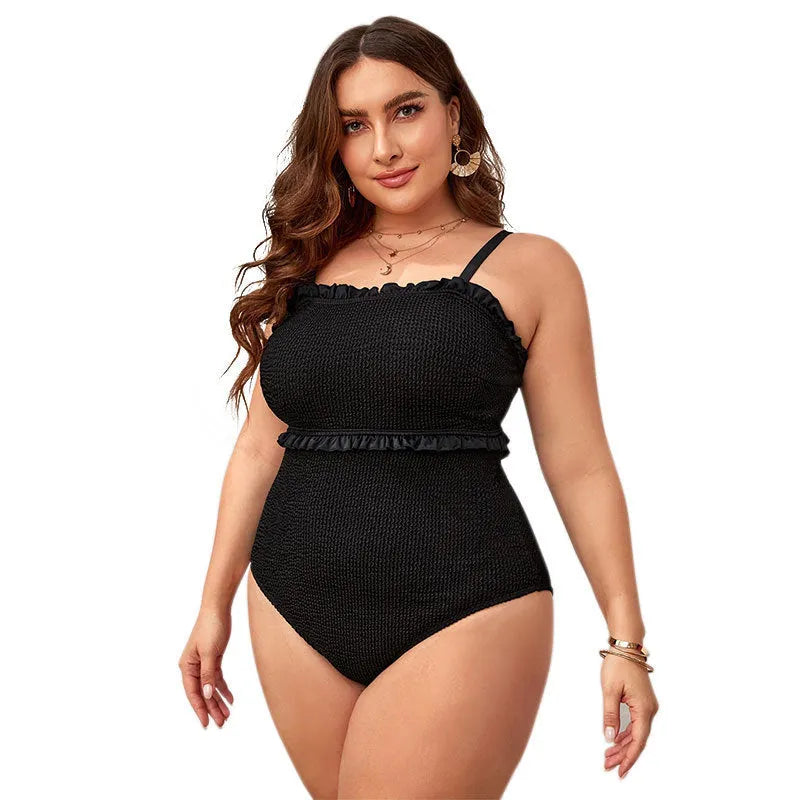 Black plus size one-piece swimsuit with double shoulder straps and quick-dry nylon fabric