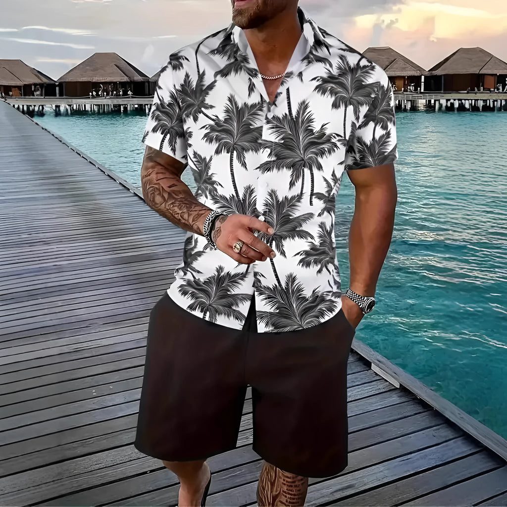 Men's 3D printed Hawaiian style short sleeve lounge suit with matching shorts on a mannequin