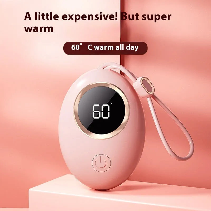 USB digital display hand warmer in various colours showing portable mini design