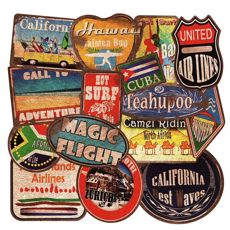 36 piece set of large retro beach themed stickers with surfing and travel designs