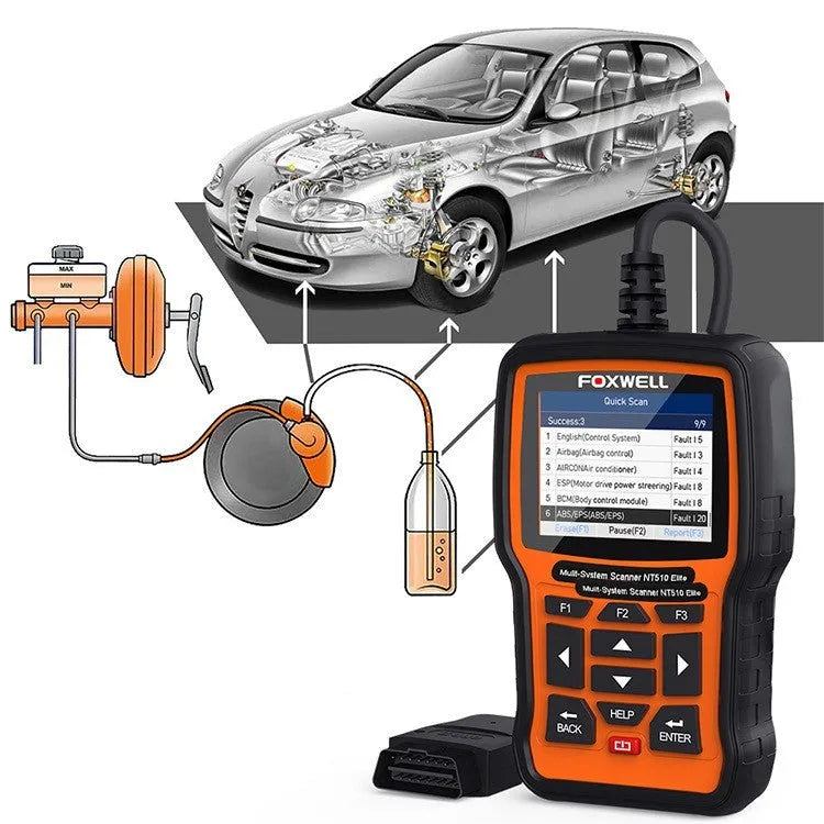Foxwell NT510 orange and black automotive OBD2 diagnostic scanner and reset tool.