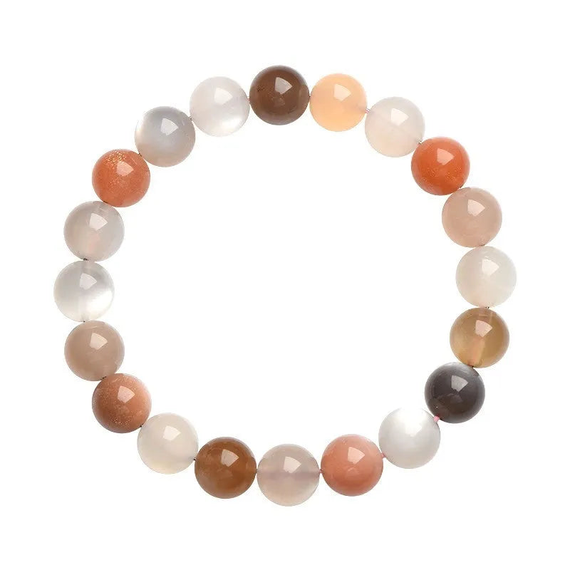 Natural colourful moonstone unisex bracelet with 8mm beads on a wrist.