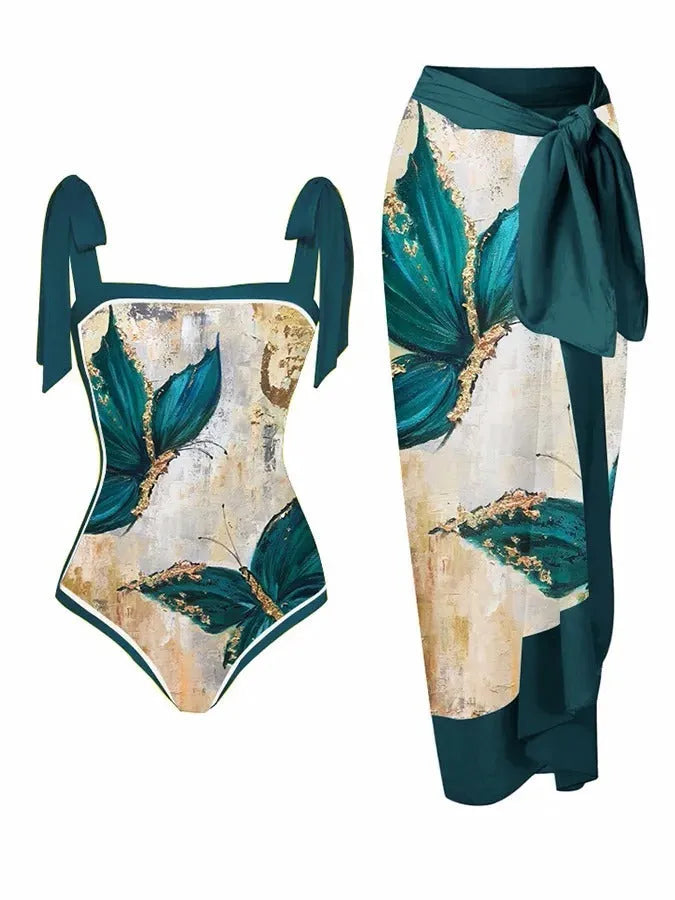 Women's printed chiffon swimsuit two-piece with matching skirt in floral pattern