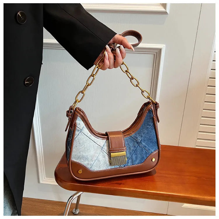 Brown denim women's shoulder bag with diamond chain straps and bucket shape design