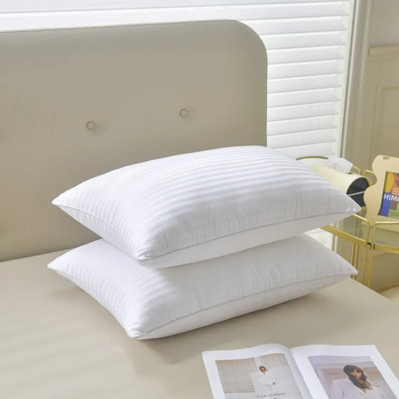 White satin stripe feather and cotton pillow core showing size options and loft variants.