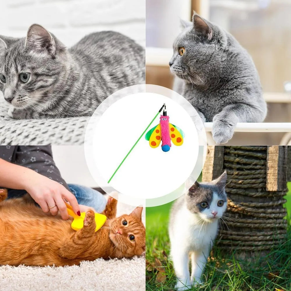 49cm cat wand toy with dragonfly bell attachment in colourful feathers for indoor cat play