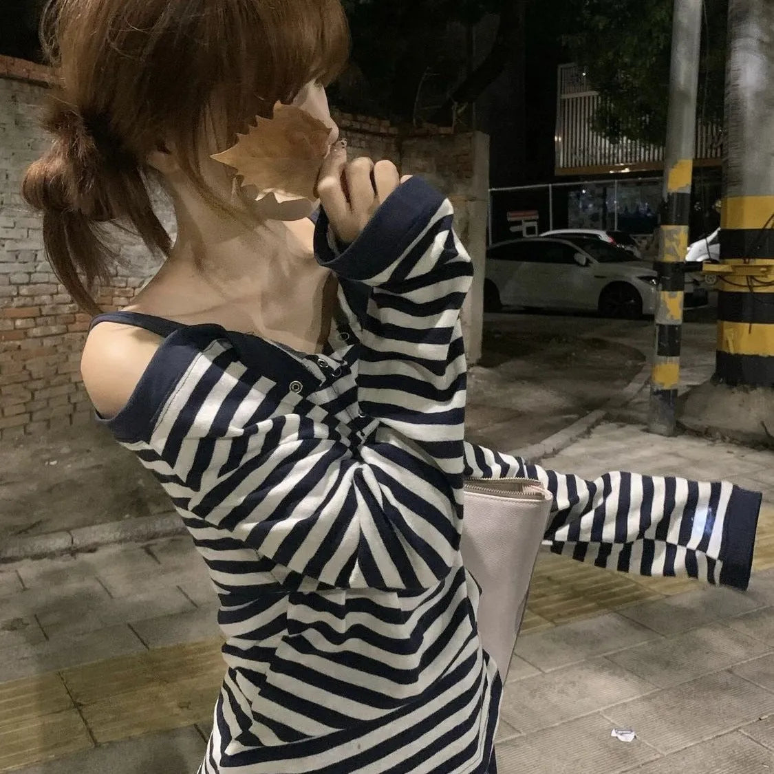 Dark blue Korean-style oversized women's long sleeve t-shirt with stripes and embroidery