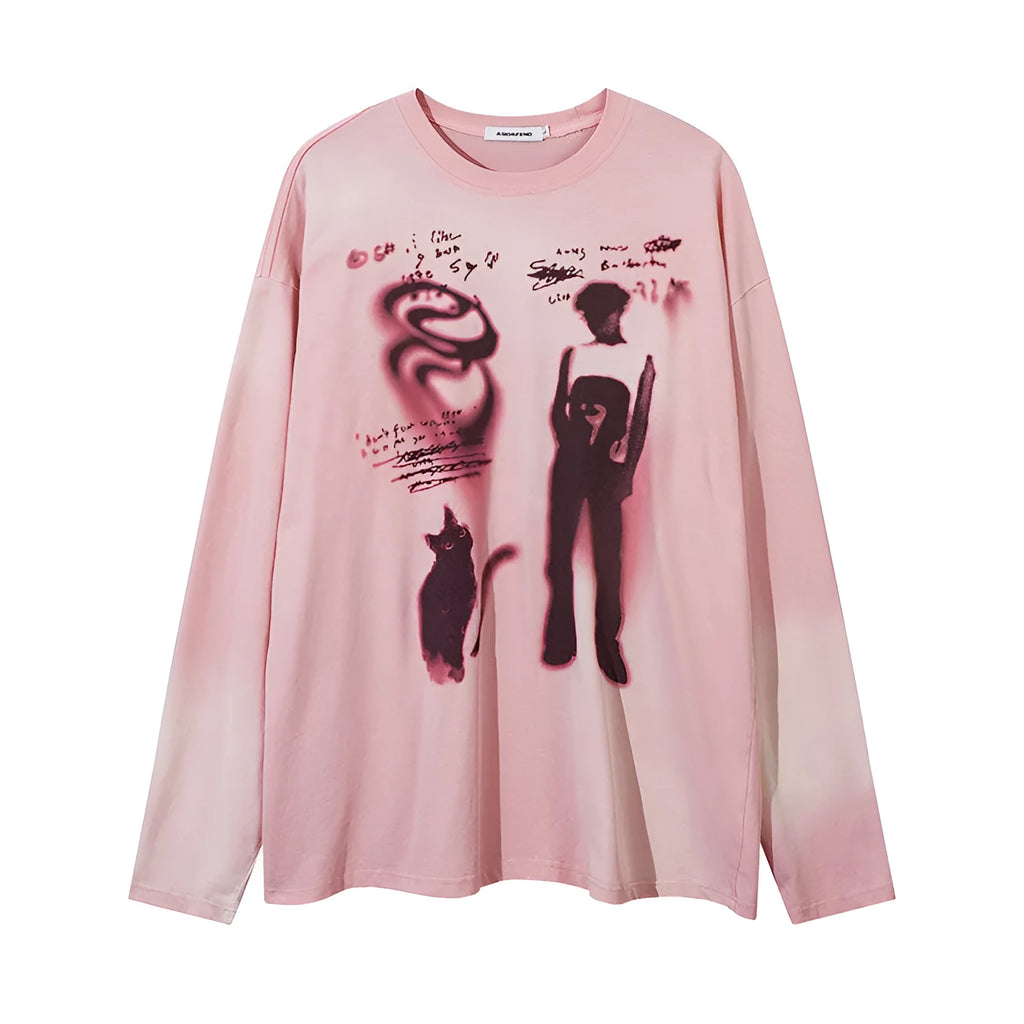 Women's loose pullover top with letter pattern design in dark grey cotton fabric