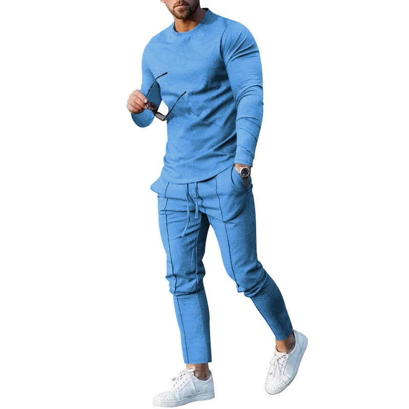 Men's solid colour polyester two-piece lounge set with long sleeve T-shirt and trousers