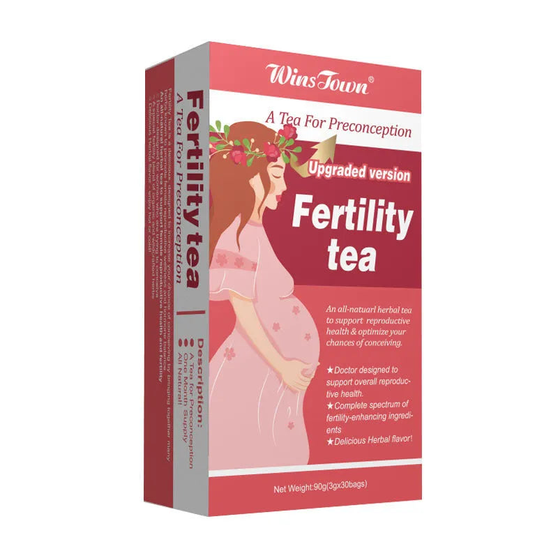 A box of fertility tea containing 30 individual herbal tea bags for preconception support.