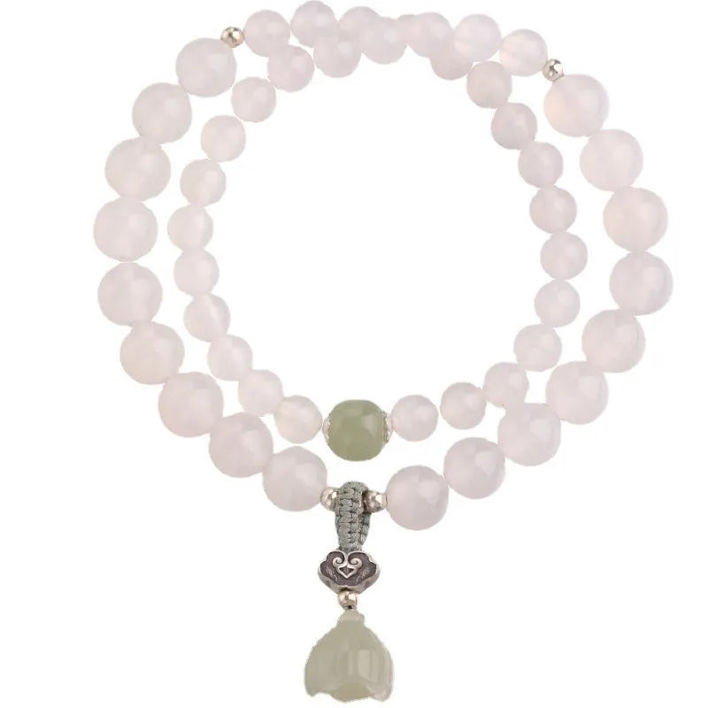 Women's S925 silver bracelet with white agate and Hetian jade stones in geometric national style design