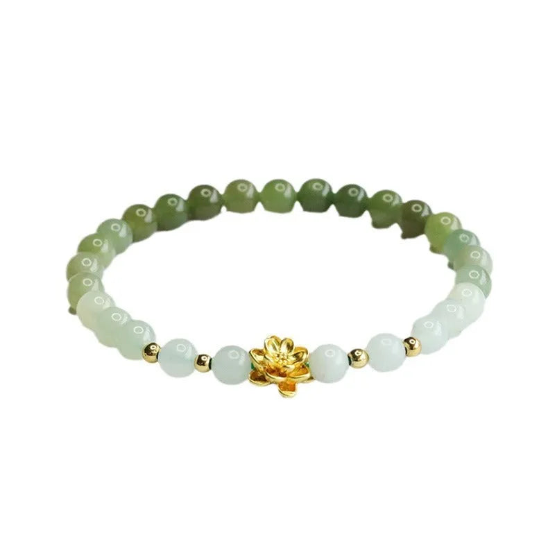 Hand-woven Hetian jade bracelet with sunshine water gradient colour and floral design.