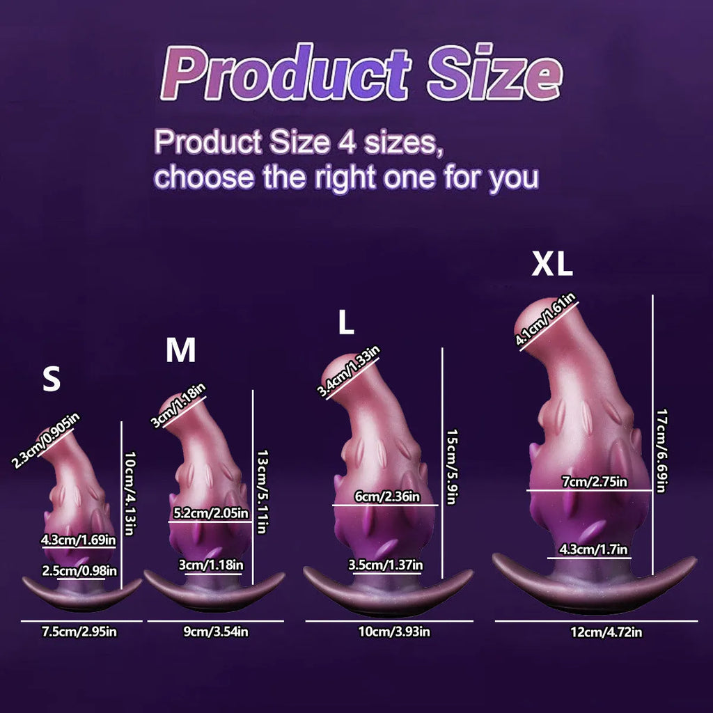 Liquid silicone masturbator in black, gold, or purple, available in S, M, L, and XL sizes.