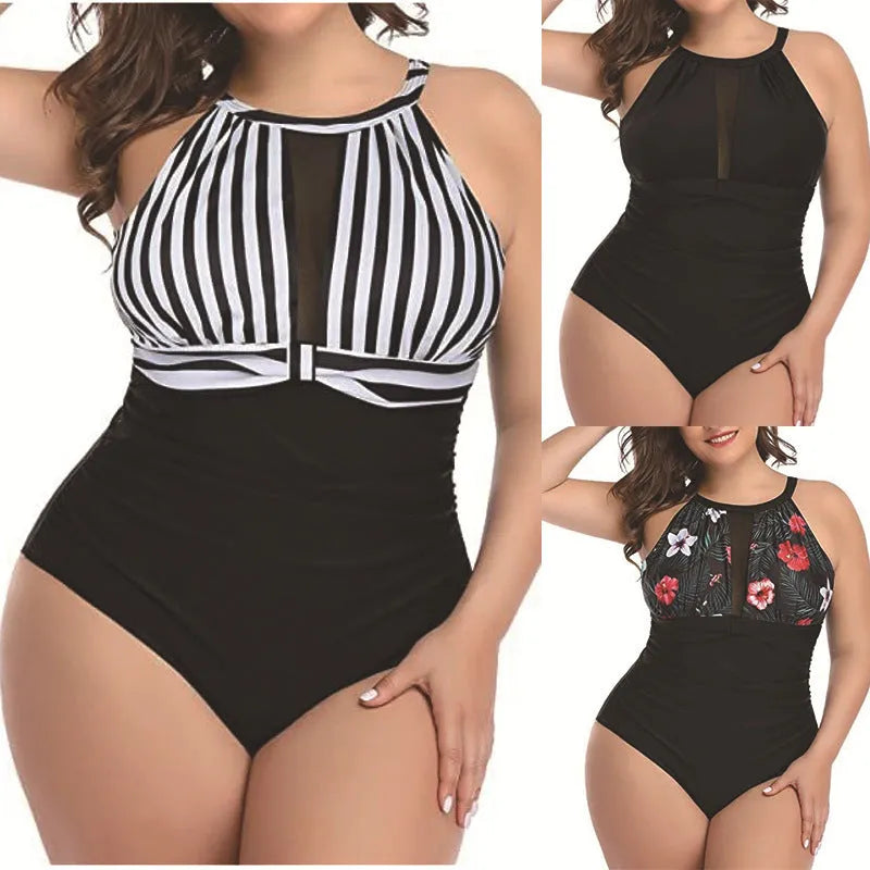 Women's black, red floral, and striped one-piece swimsuits in polyester fabric.