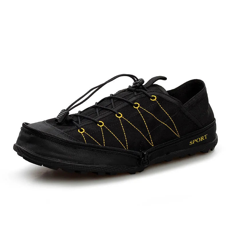 Portable folding outdoor shoes in orange colour with mesh upper and side zipper, shown folded and unfolded.