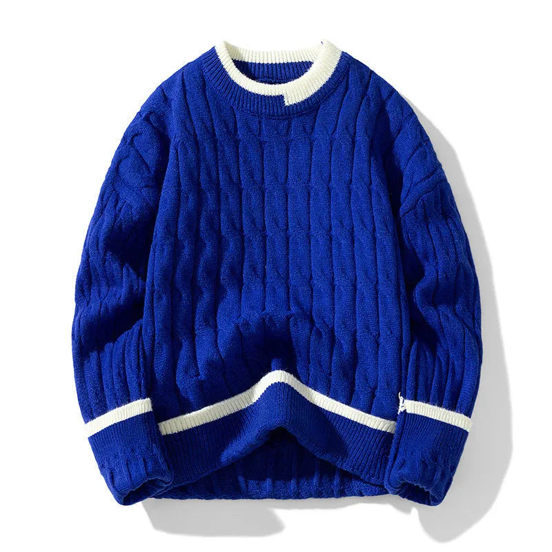Men's loose fit modal acrylic blend pullover sweater in light blue, shown as a two-piece bottoming set.
