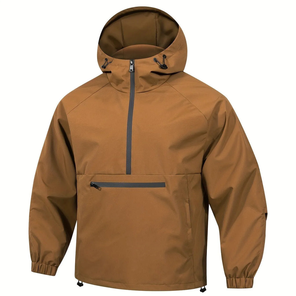 Man wearing a light grey loose-fit Korean-style hooded corduroy jacket with a half-zip front.
