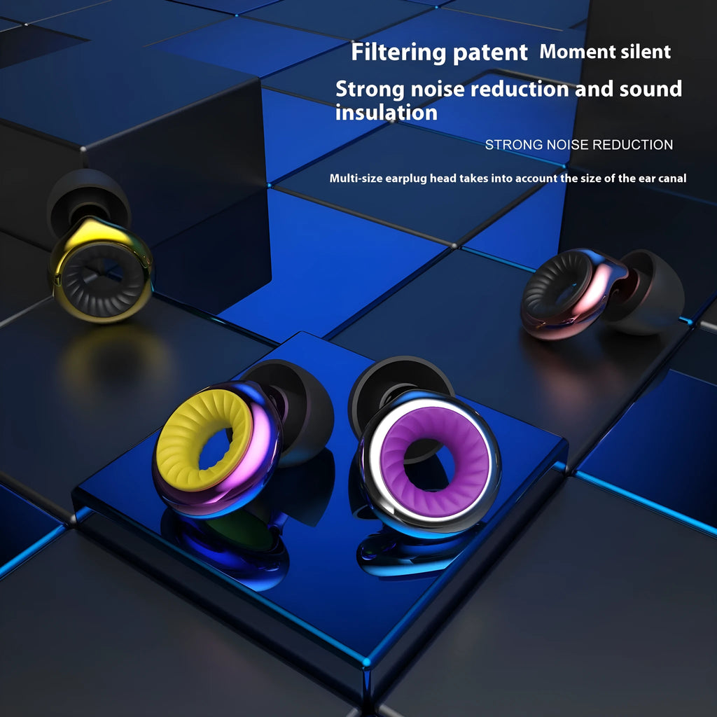 Noise reduction earplugs in gold, silver, transparent, purple, and rose gold colours with storage box