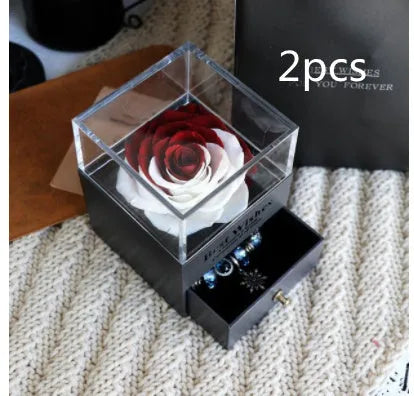 Preserved eternal rose and carnation gift box in glass display case for jewellery storage