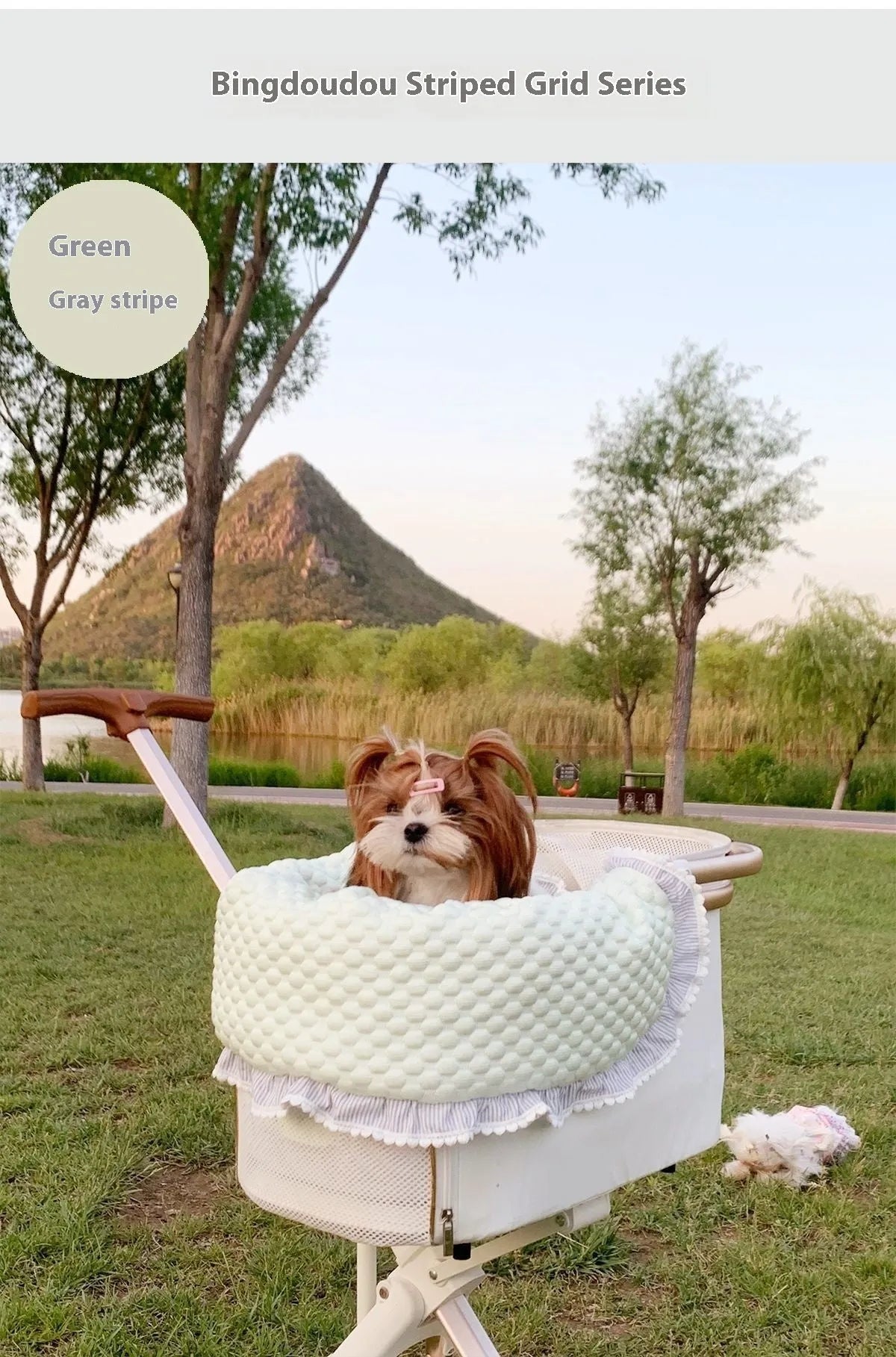Pure cotton pet stroller accessory set showing removable towel, cushion and pillow in striped pattern
