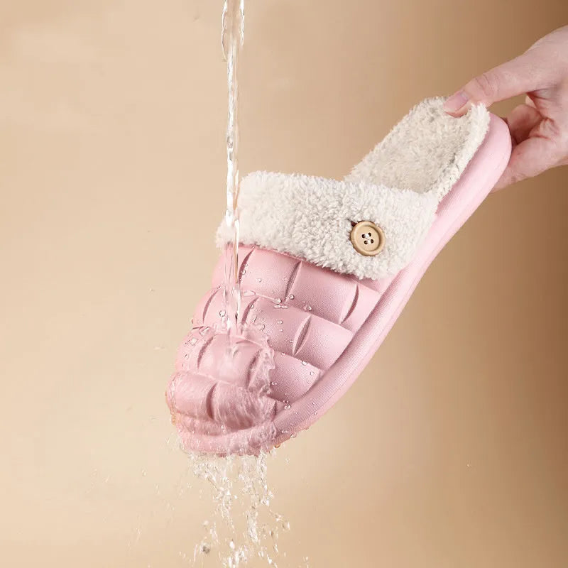 Plaid patterned detachable EVA slippers with plush lining shown in pink, green, yellow, white, grey and black.