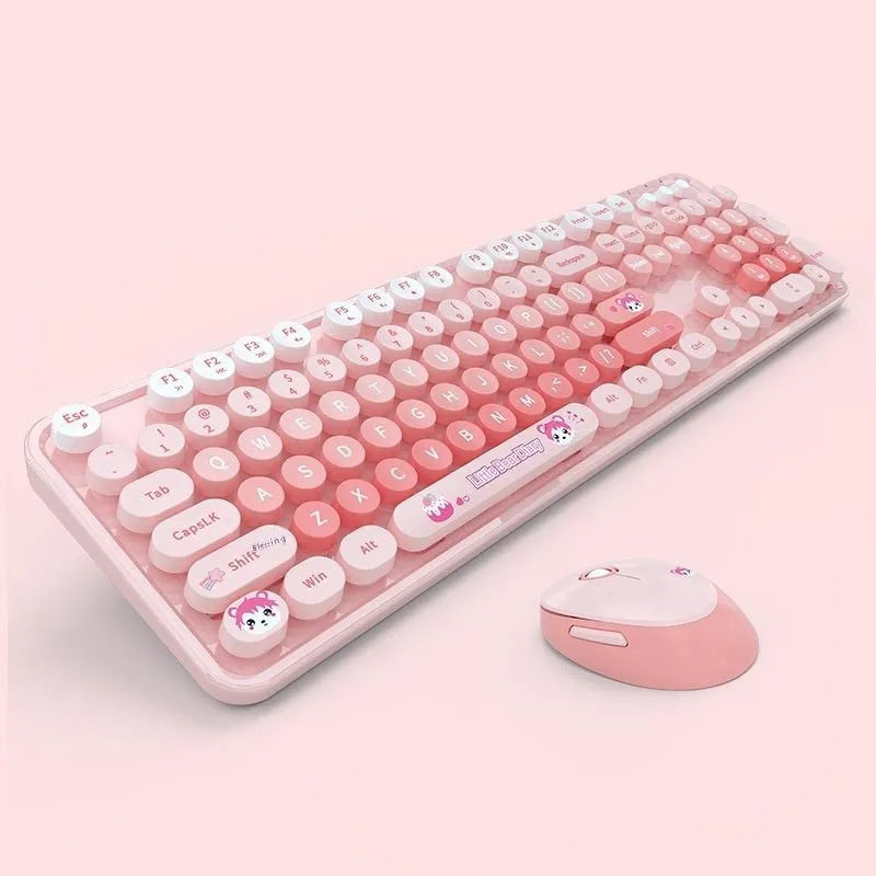 Wireless keyboard and mouse set on a desk, shown in a mixed colour option.