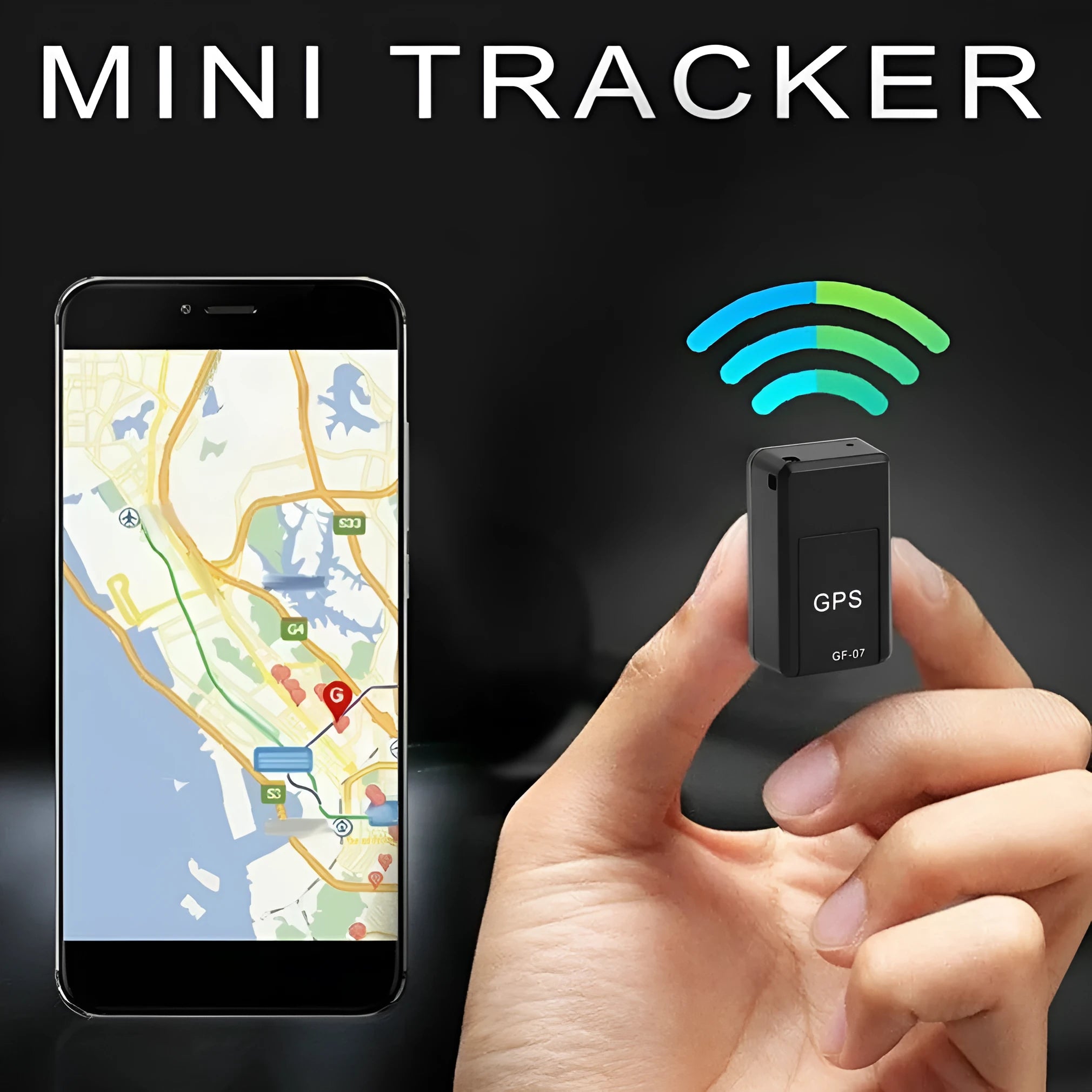 Black magnetic GPS tracker device measuring 35x20x14mm with USB charging cable for vehicle and personal tracking
