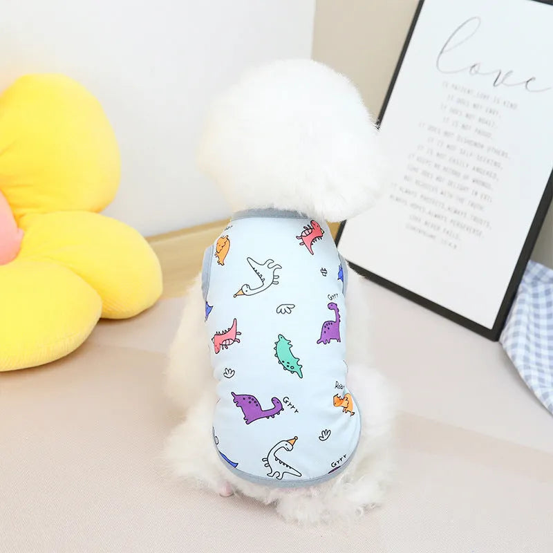 Pet clothing for dogs and cats in yellow, blue, or white, sizes S to XXL, 25% cotton 75% polyester casual spring summer outfit.