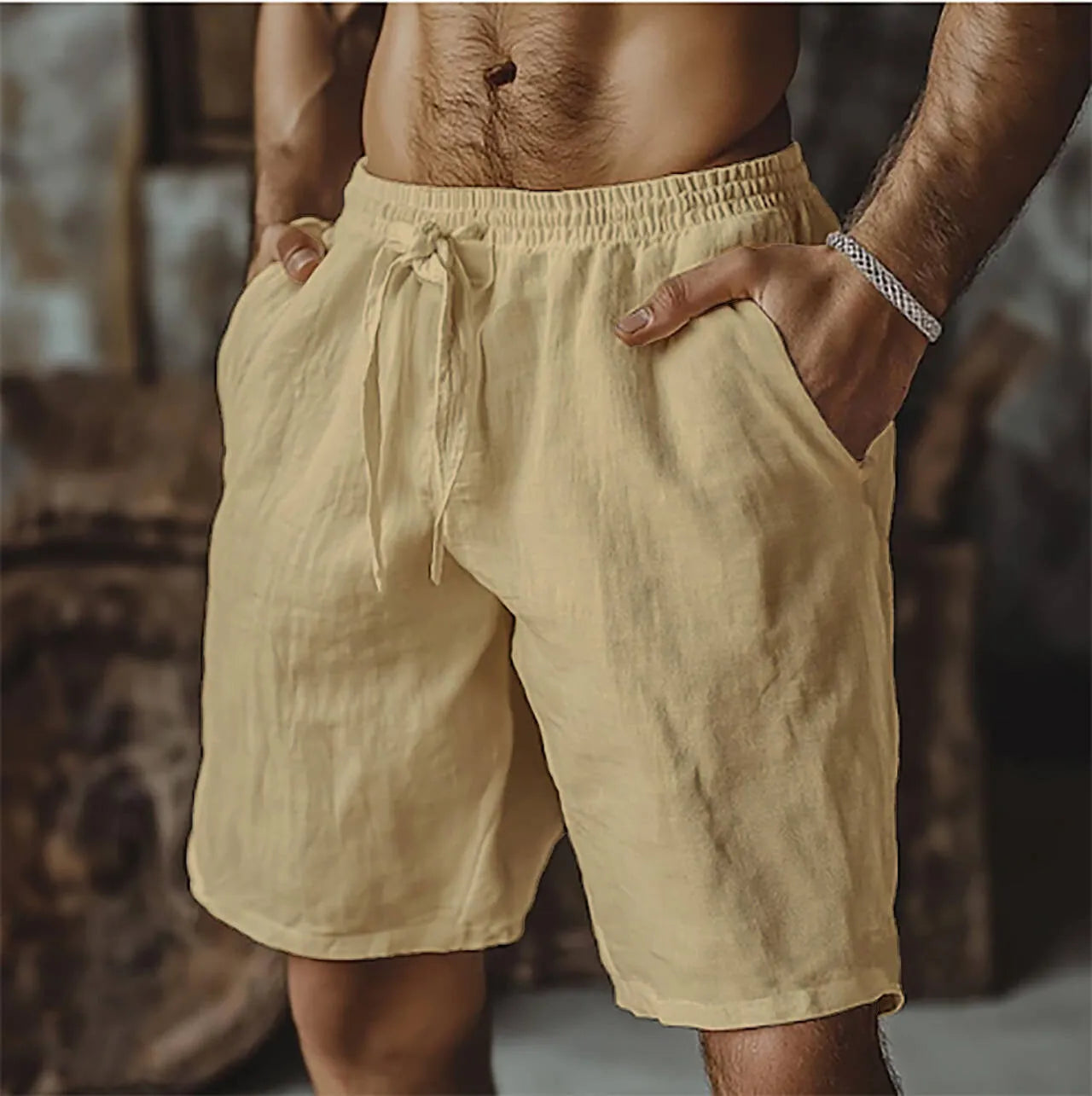 Men's straight leg casual shorts in cotton linen blend, shown in grey, with a British style fit.