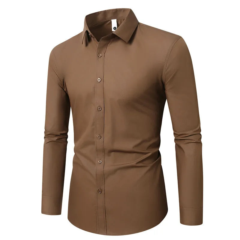 Loose-fit long-sleeve linen shirt shown in a neutral colour.