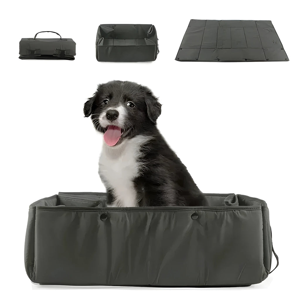Black portable dog travel bed, 3-in-1 pet carrier, mat and cushion, collapsible water and dirt resistant kennel