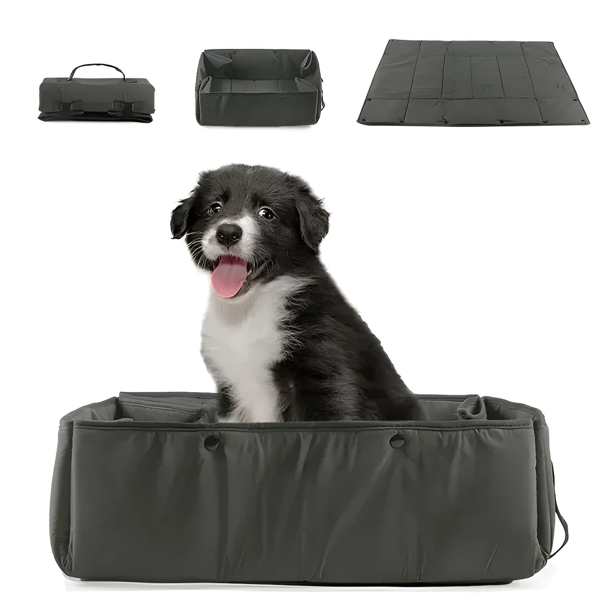 Black portable dog travel bed, 3-in-1 pet carrier, mat and cushion, collapsible water and dirt resistant kennel