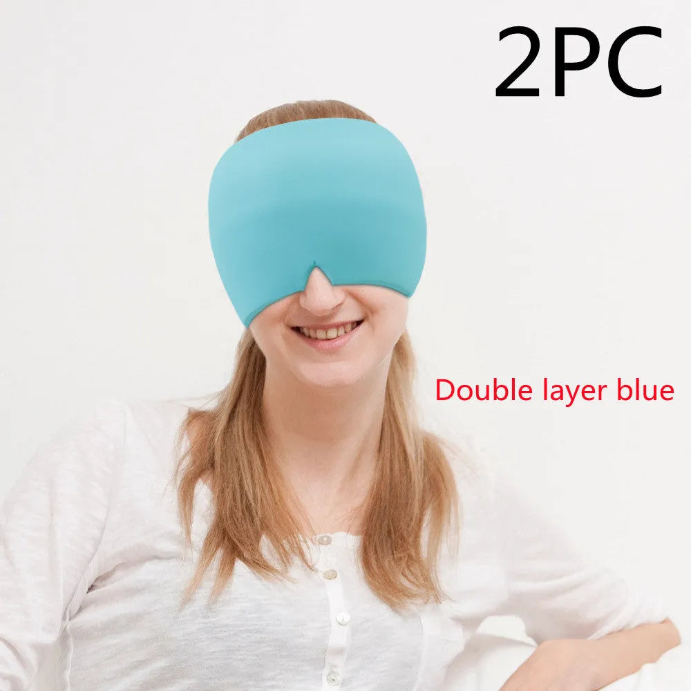 Black elastic cloth gel cooling eye mask for headache relief, shown with adjustable strap.
