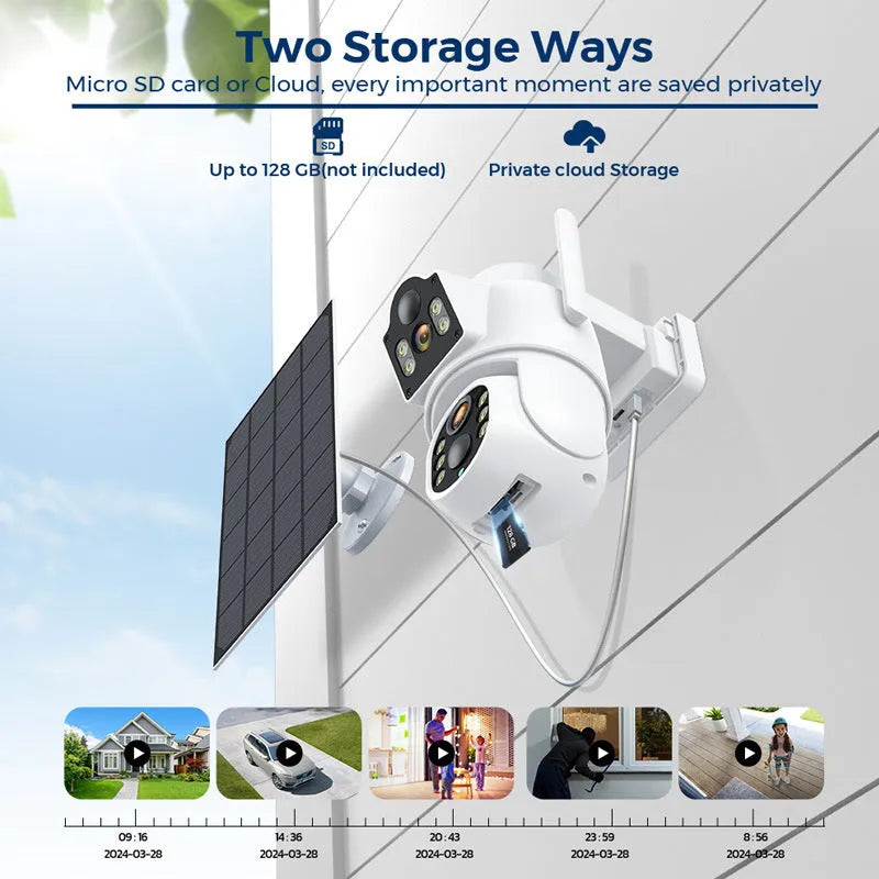 Outdoor solar-powered wireless wifi security camera with solar panel in black or white finish